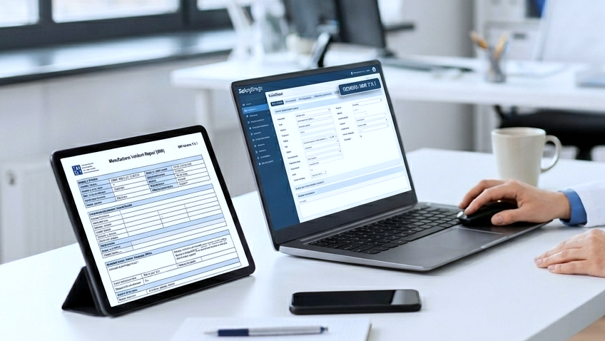 Professionista sanitario al computer durante la gestione del reporting MIR 7.3.1 per la vigilanza dispositivi medici